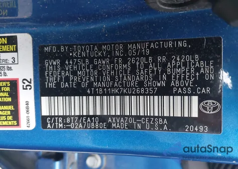 2019 Toyota Camry Se из США, поврежденный, VIN 4T1B11HK7KU268357